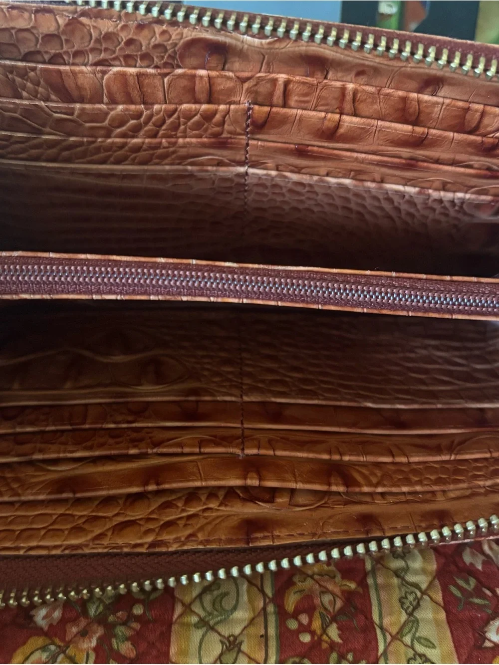 Vintage Brahmin Suri Leather Long Wallet Zip Around Cognac Brown Croc Embossed